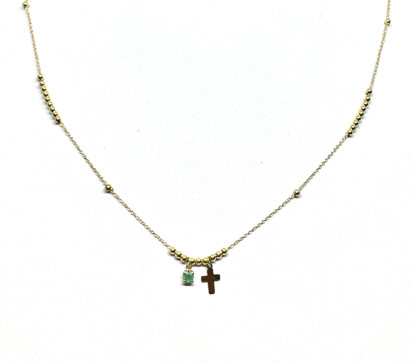 Mini Cross with Emerald on beaded chain